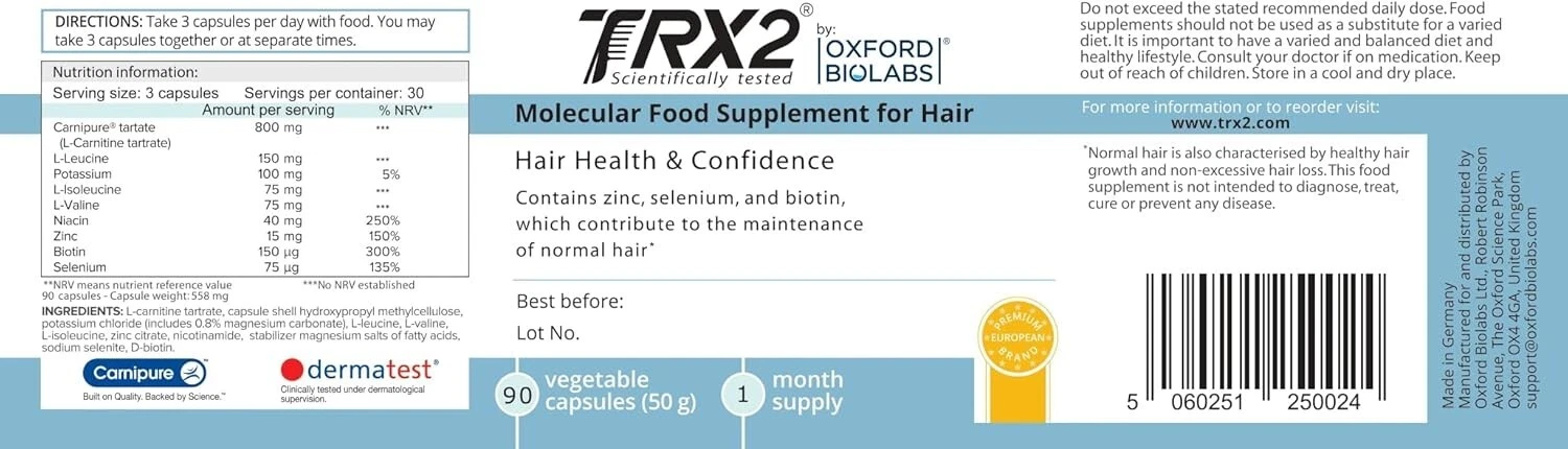Oxford Biolabs TRX2® Molecular Food Supplement for Hair, 90 Capsules 1 Month Supply - Image 5